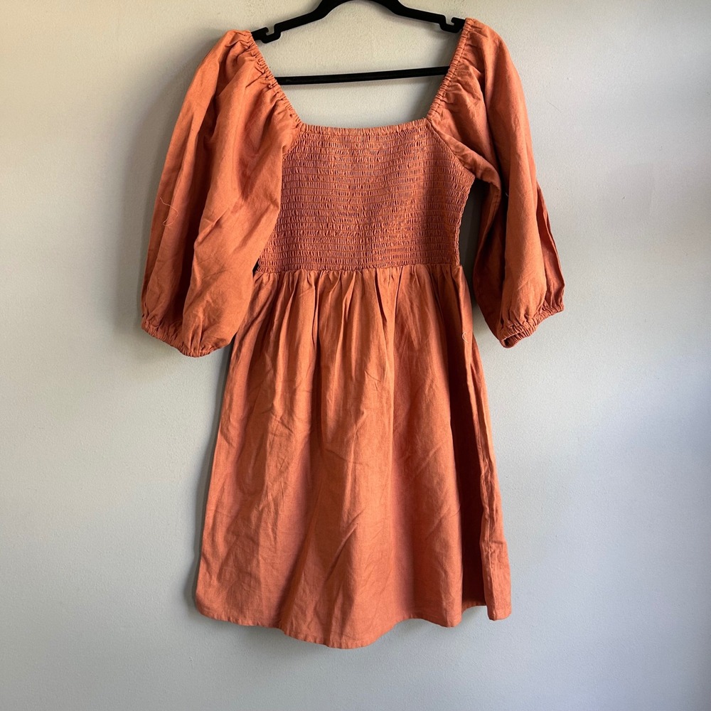 Billabong Rust Orange Smocked Puff Sleeve Linen Blend Mini Dress Womens Medium